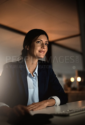 Buy stock photo Night, thinking and woman in office with computer for research, website review or networking. Reading, internet search and businesswoman at desk with online report, article or email in dark workplace