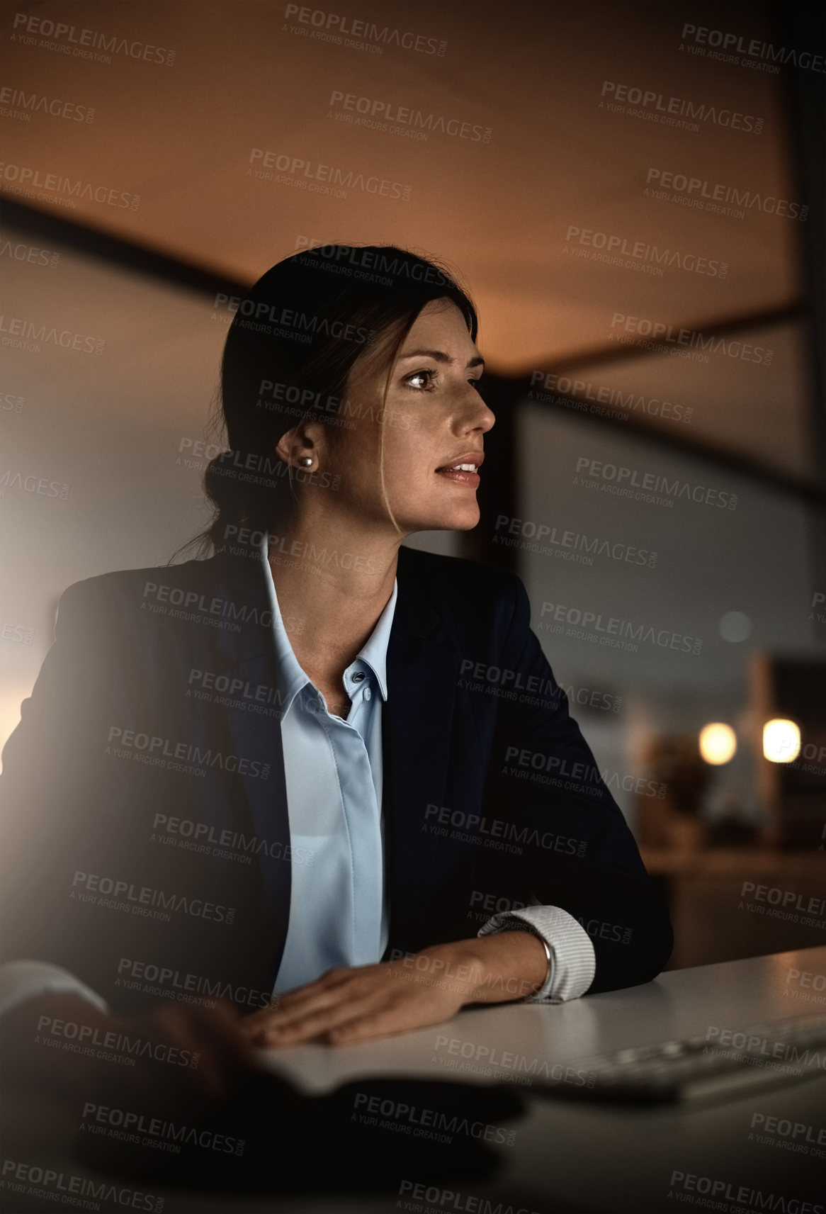 Buy stock photo Thinking, overtime and woman in modern office reading email or report online at legal agency. Corporate night work, ideas and internet research, female lawyer and working late on proposal at law firm