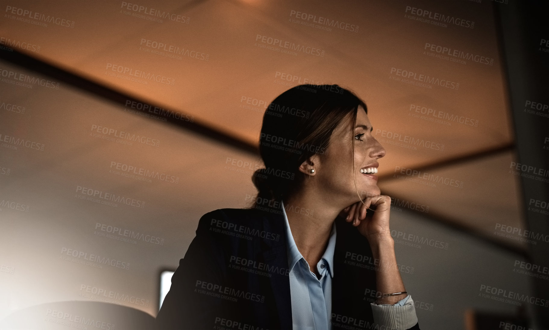 Buy stock photo Business woman, smile and monitor in office for night shift, online digital report or web project in career. Professional editor and happy with tech for email, research and deadlines on computer