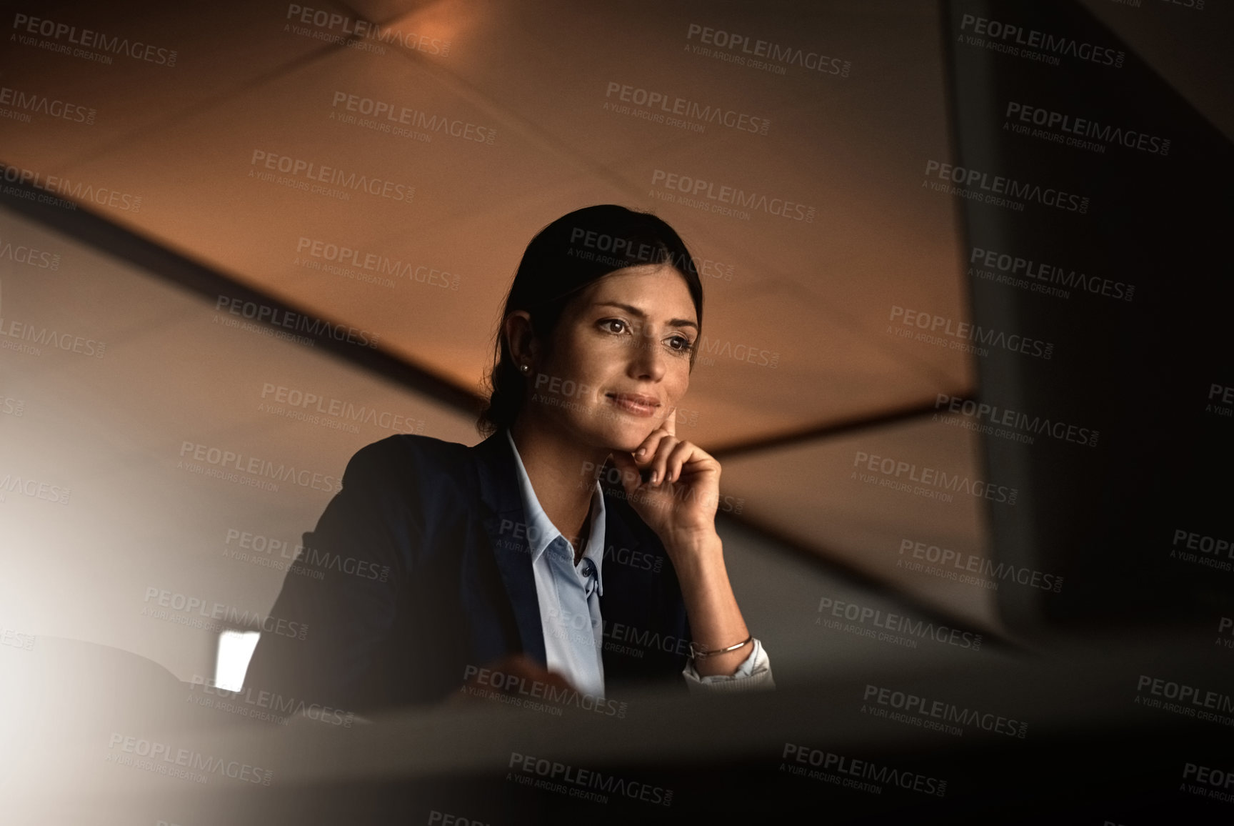 Buy stock photo Night, thinking and woman in office checking email, schedule or agenda for networking on computer. Reading, internet and businesswoman at desk with online report, article or review in dark workplace