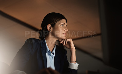 Buy stock photo Ideas, thinking and woman in modern office for overtime, reading email or report online at startup agency. Corporate night work, idea and internet research, employee working late on problem solving.