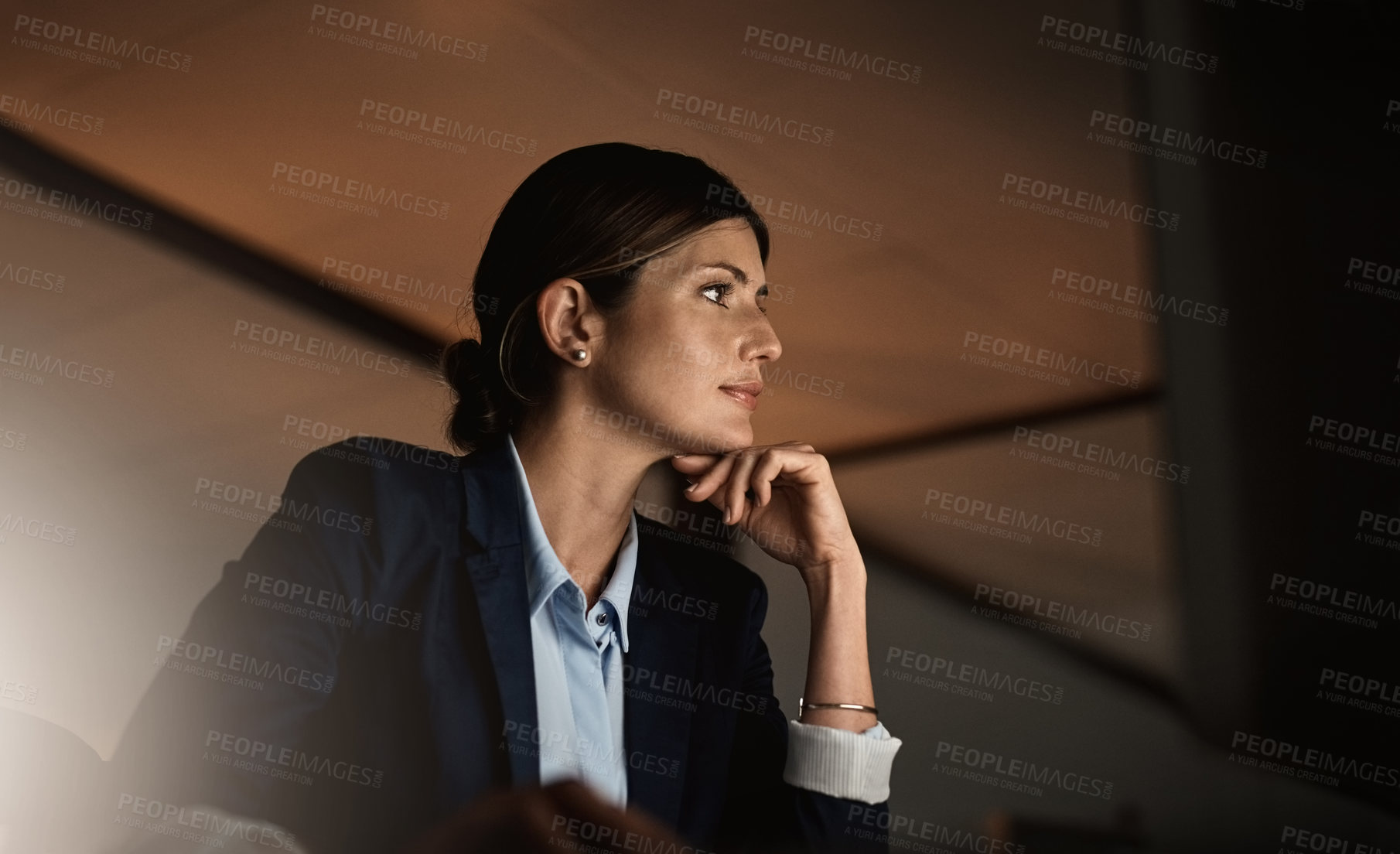 Buy stock photo Ideas, thinking and woman in modern office for overtime, reading email or report online at startup agency. Corporate night work, idea and internet research, employee working late on problem solving.