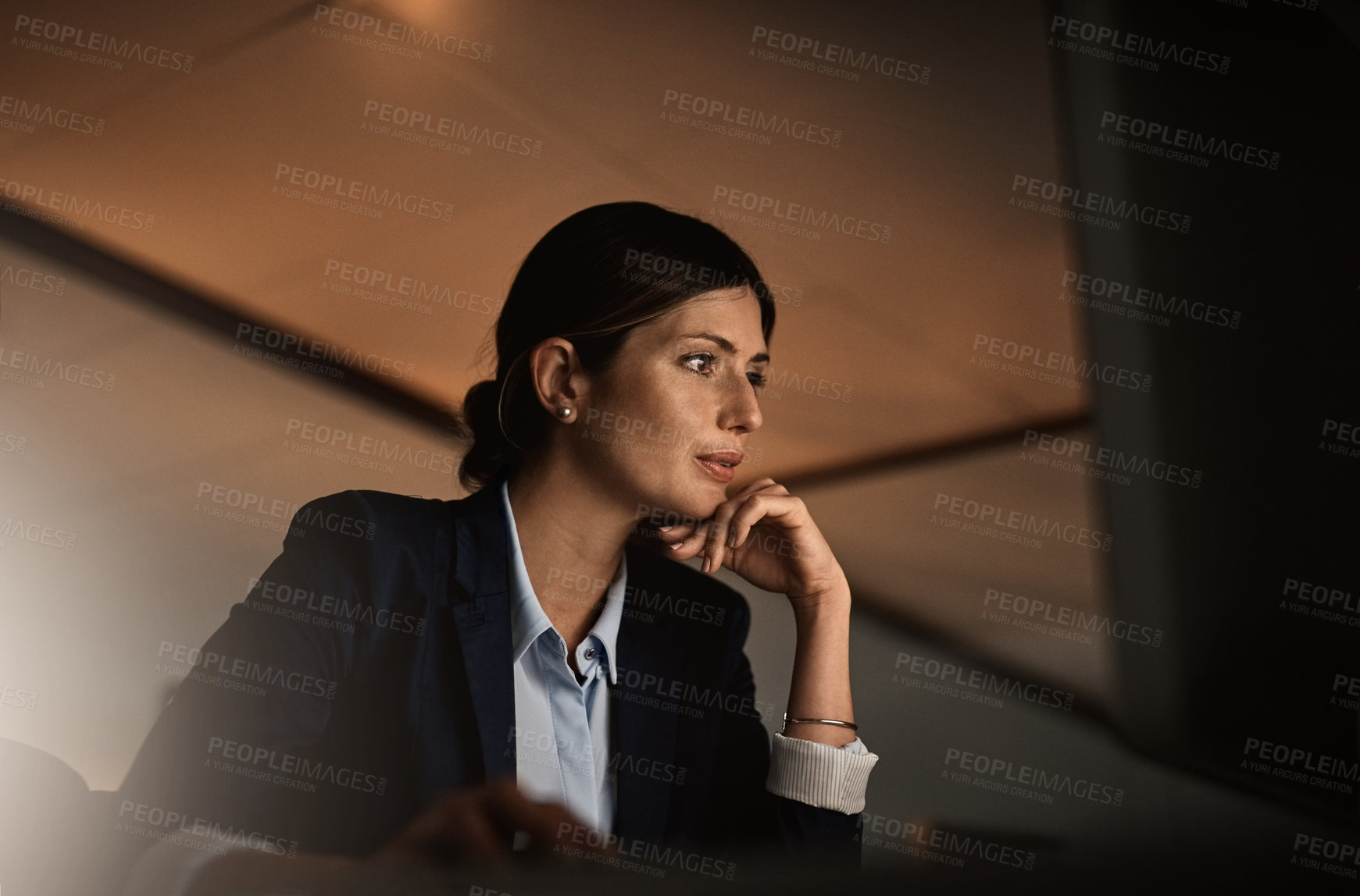 Buy stock photo Problem solving, overtime and thinking, woman in modern office reading email or online report at start up agency. Corporate night work, challenge and focus, businesswoman at desk working late on idea