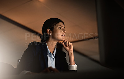 Buy stock photo Thinking, night work and problem solving, woman in office reading email or online report idea at start up agency. Corporate overtime, challenge and focus, businesswoman at desk working late on ideas.
