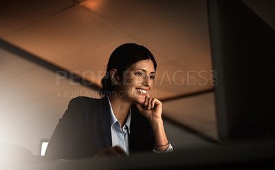 Buy stock photo Night, office and woman checking email, schedule or agenda for networking on computer. Thinking, internet and businesswoman at desk with online report, reading article or review in dark workplace