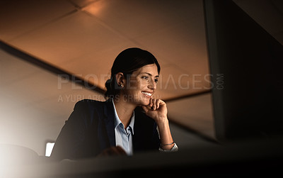 Buy stock photo Night, thinking and woman in workplace with computer for research, website review or networking. Reading, internet search and businesswoman at desk with online report, article or email in dark office