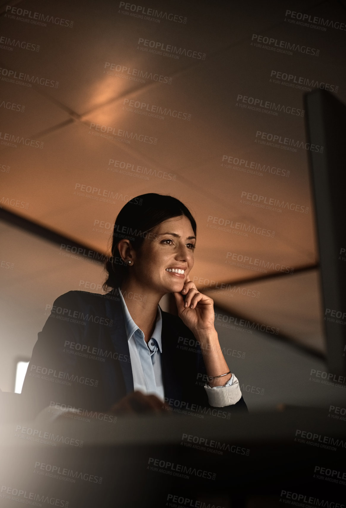 Buy stock photo Night, thinking and woman at startup with computer for research, website review or networking. Reading, internet search and happy consultant at desk for online report, article or email in dark office
