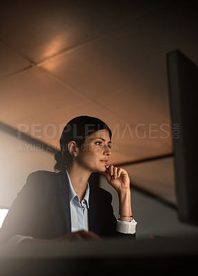 Buy stock photo Thinking, problem solving and night research, woman in office reading email or online report at start up agency. Business, overtime and focus, businesswoman at desk working late on ideas for project.