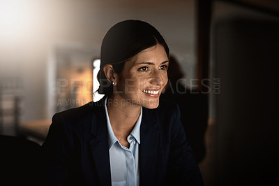 Buy stock photo Night, thinking and woman at business with computer for research, website review or networking. Reading, internet search and happy consultant at desk on online report, article or email in dark office