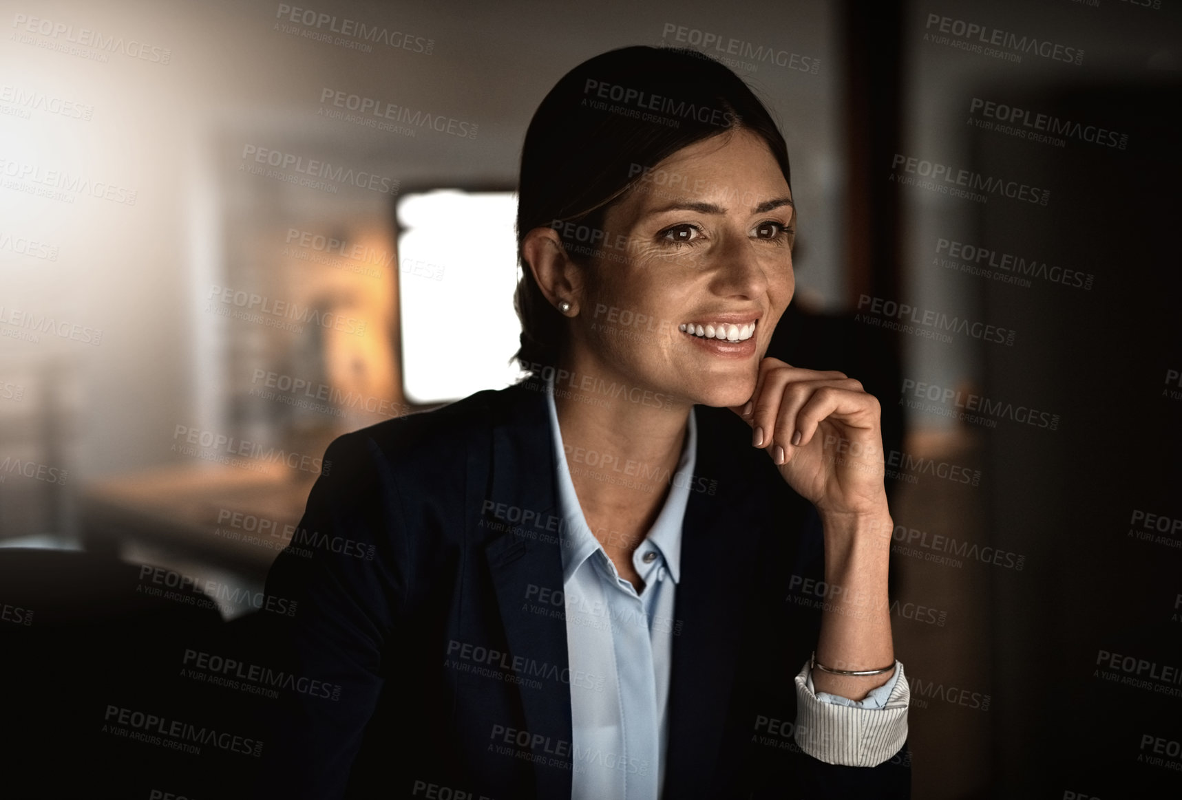 Buy stock photo Night, reading and woman at business with computer for research, website review or networking. Thinking, internet search and happy consultant at desk on online report, article or email in dark office