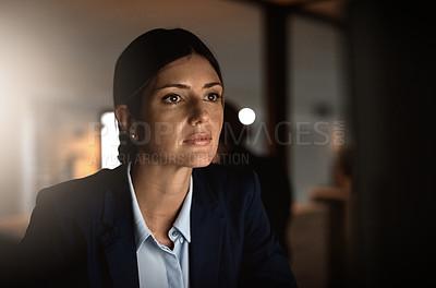 Buy stock photo Thinking, night work and woman in office reading email, online report or proposal idea at start up agency. Corporate overtime, challenge and focus, businesswoman at desk working late on project ideas