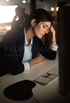 Buy stock photo Sleeping, burnout or tired businesswoman by computer overwhelmed by deadlines with fatigue at desk. Lazy worker, night or exhausted consultant resting in nap or overtime with stress, dark or debt