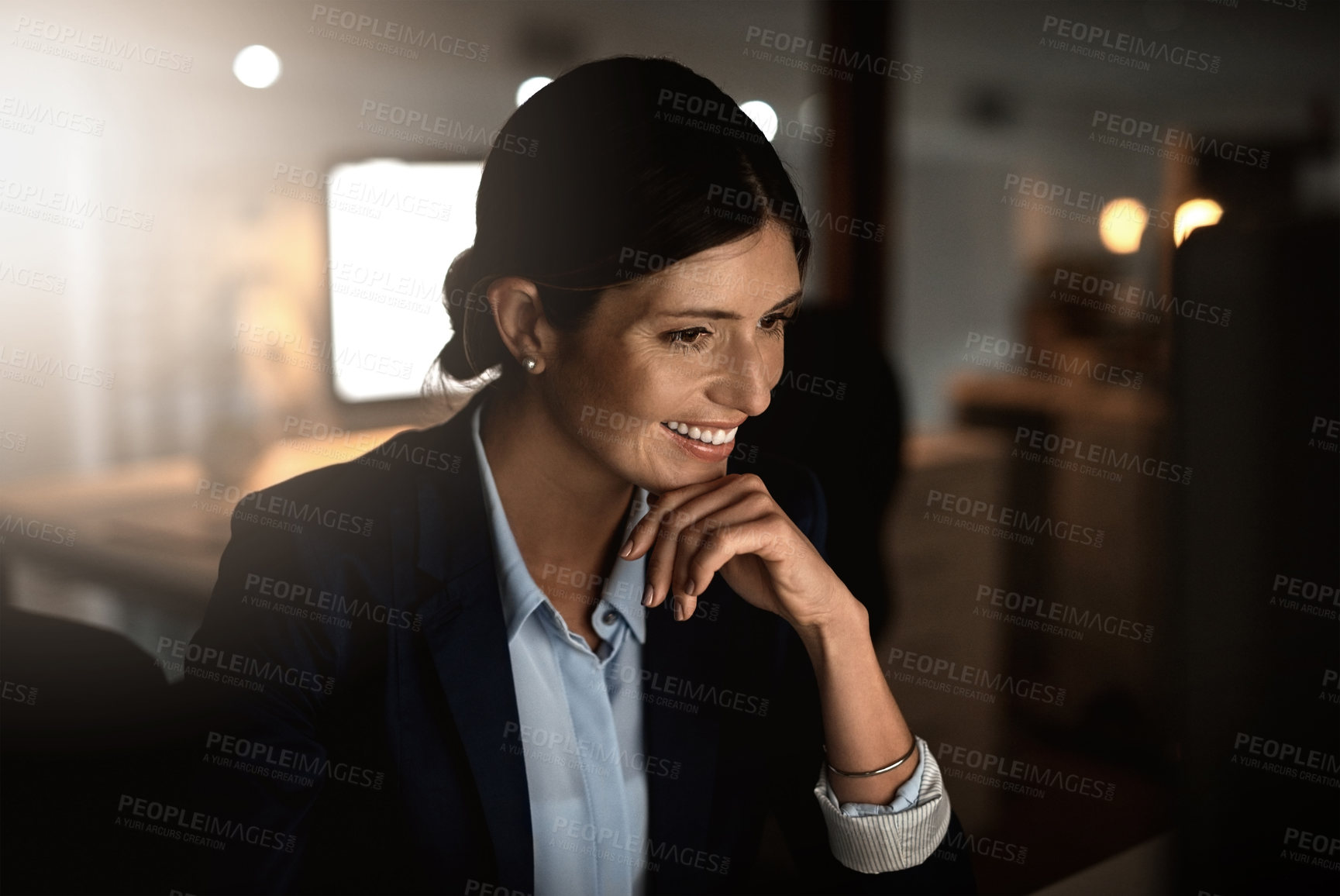 Buy stock photo Thinking, night and business with woman, solution and pro bono with lawyer and problem solving. Ideas for court case, legal aid and deadline with person or planning with research for defence attorney