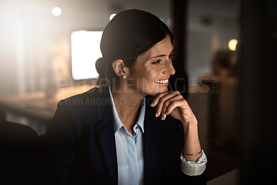 Buy stock photo Night, thinking and happy woman at business with computer for research, website review or networking. Reading, internet search and consultant at desk on online report, article or email in dark office