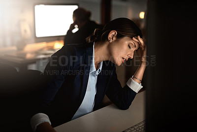 Buy stock photo Tired, woman or stress in overtime, burnout or glitch of it, digital or software question in office. Female employee, sleep or eyes closed at headache experience of tech 404 as corporate workaholic