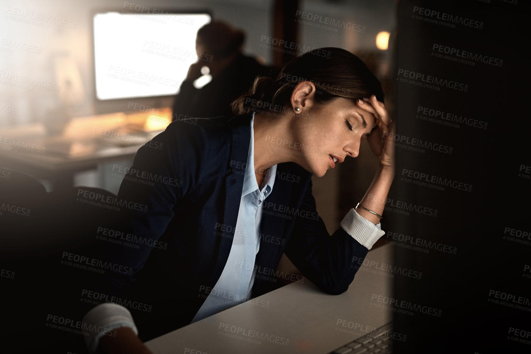Buy stock photo Tired, woman or stress in overtime, burnout or glitch of it, digital or software question in office. Female employee, sleep or eyes closed at headache experience of tech 404 as corporate workaholic