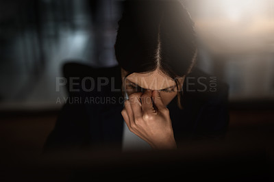 Buy stock photo Headache, woman or stress of migraine, burnout or fatigue of business, work or mental health. Female employee, pain or head down at negative experience of tech, corporate or workaholic in office