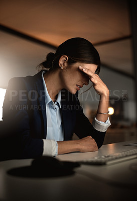 Buy stock photo Night, headache and tired businesswoman with stress for migraine pain, burnout risk or depression. Debt, overtime and consultant frustrated by career crisis with mistake, anxiety or fatigue problem