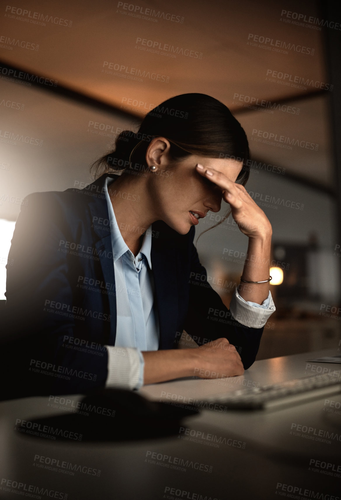 Buy stock photo Night, headache and tired businesswoman with stress for migraine pain, burnout risk or depression. Debt, overtime and consultant frustrated by career crisis with mistake, anxiety or fatigue in office