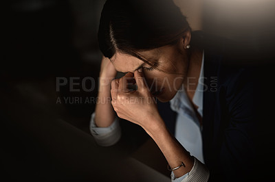 Buy stock photo Hand, businesswoman or stress of migraine, burnout or fatigue of spiritual, work or mental health. Woman, headache or unhappy at negative experience of god, praying or challenge in church anxiety