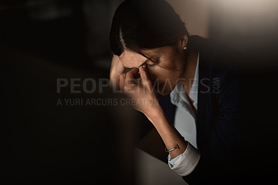 Buy stock photo Depression, headache and business woman pain at night for migraine, burnout or mental health risk and stress. Depressed, anxiety or tired corporate person with mistake, frustrated or fatigue problem