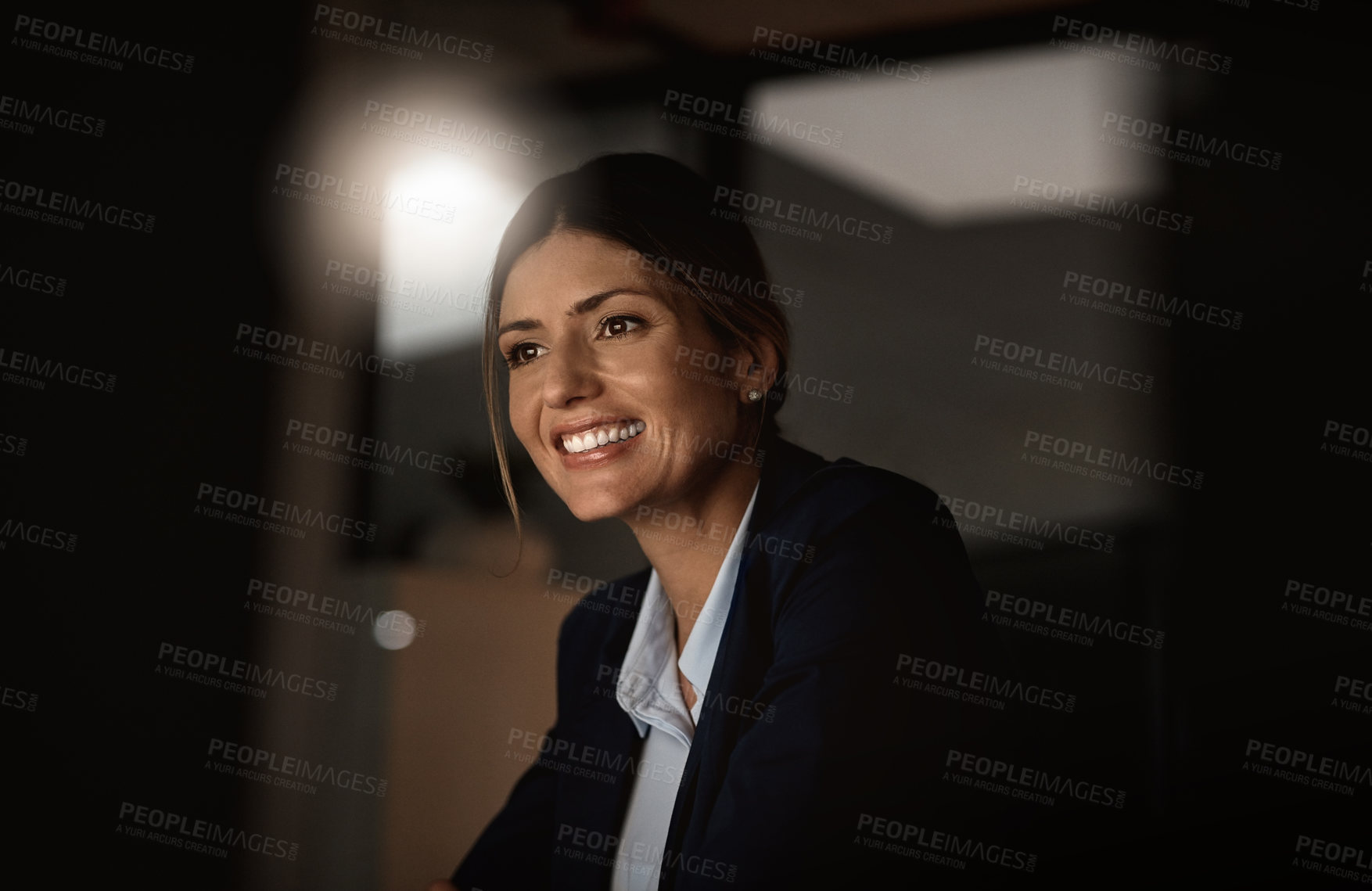 Buy stock photo Night, thinking and happy woman in office with ideas for research, web review or networking on computer. Reading, internet and consultant at desk for online report, article or email in dark workplace