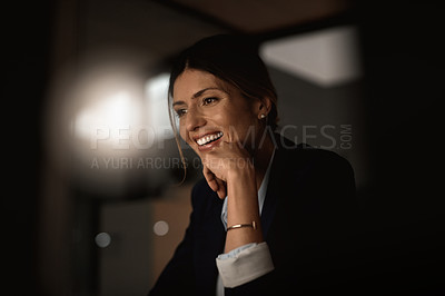 Buy stock photo Night, smile and woman in office with ideas for research, website review or networking on computer. Reading, internet and consultant at desk with online report, article or email in dark workplace