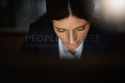 Buy stock photo Reading, online and woman in office at night with late research and business on project in dark. Schedule, commitment and employee email contact with communication on laptop and planning in startup