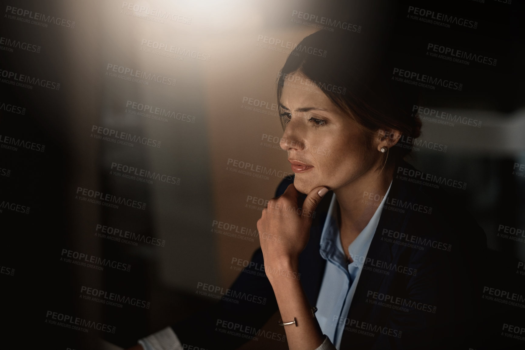 Buy stock photo Computer, thinking and business woman ideas for online project, software check and brainstorming solution at night. Corporate person with information technology, problem solving and research analysis