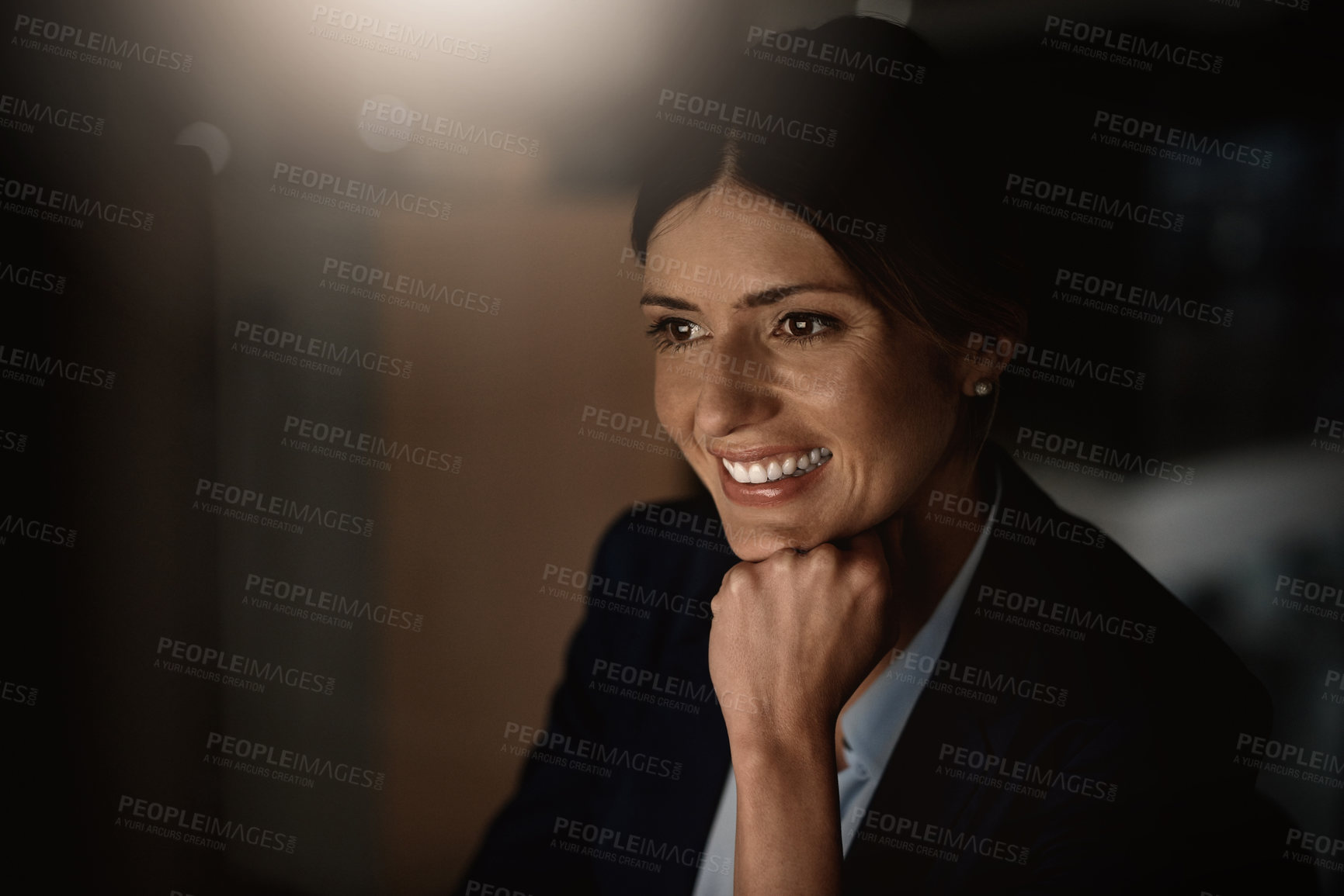 Buy stock photo Thinking, night and business with woman, smile and reading email with positive news and research for project. Attorney, lawyer and compliance officer with online report, idea and company website