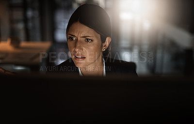 Buy stock photo Problem, overtime and woman in office, confused with spam email, 404 glitch or crisis online at start up agency. Corporate night work, challenge and frustrated business worker at desk to fix mistake.