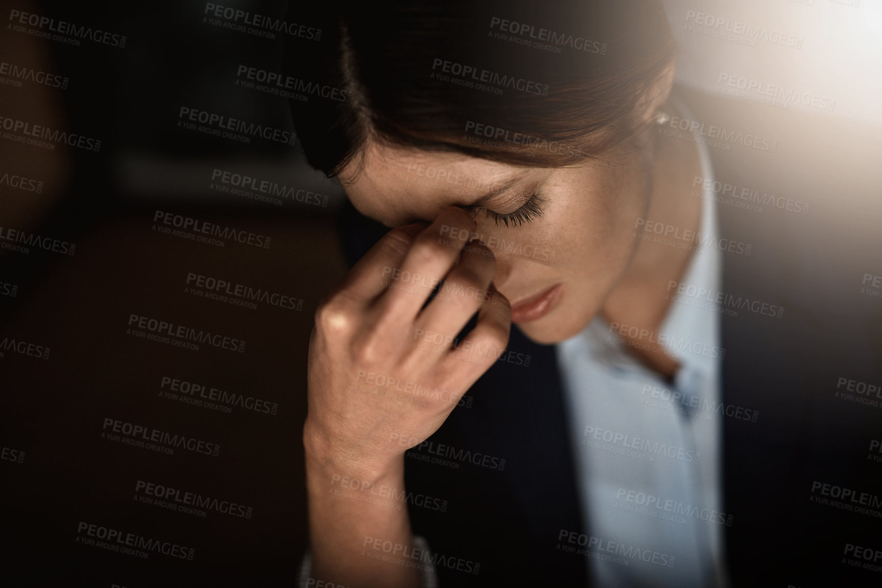 Buy stock photo Stress, headache and business woman with pain at night for career migraine, burnout or mental health risk or depression. Depressed, anxiety or tired person with mistake, frustrated or fatigue problem