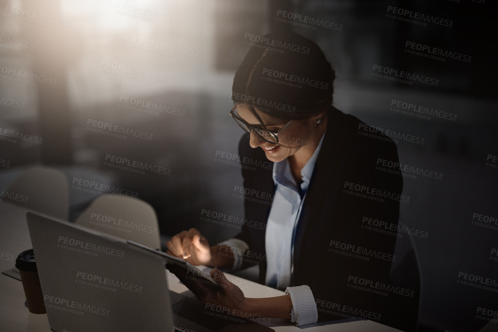 Buy stock photo Night, office and happy businesswoman with tablet for research, solution and online ideas for blog. Overtime, smile and consultant working late on report, article and task deadline at tech startup
