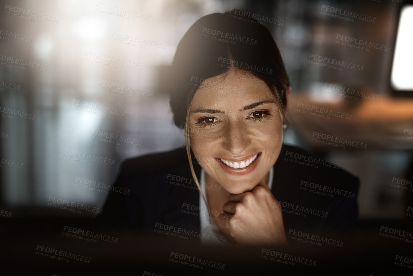 Buy stock photo Night, smile and woman in office with computer for research, website review or networking. Reading, internet search and businesswoman at desk with online report, article or email in dark workplace