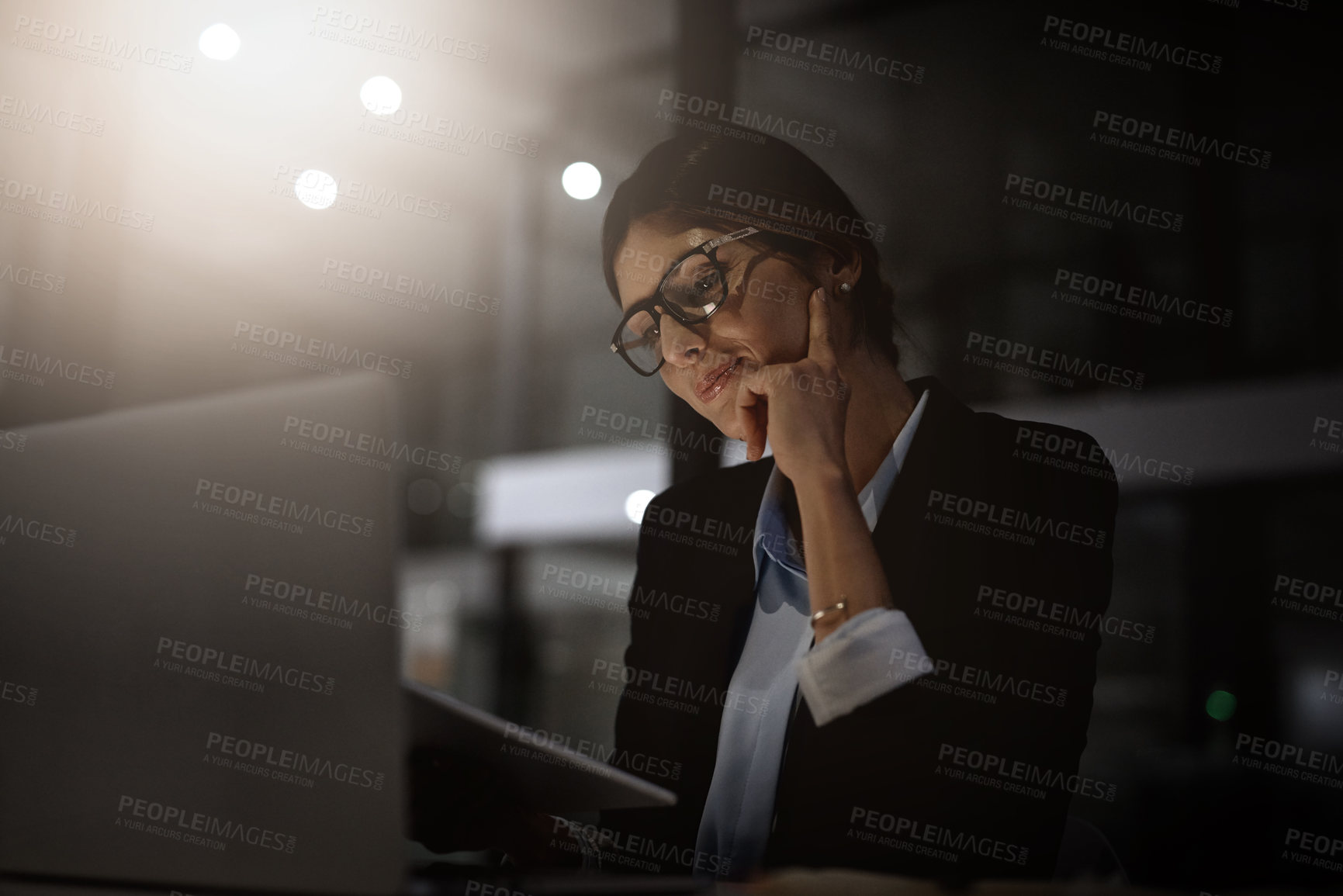 Buy stock photo Night, office and digital tablet by thinking woman for research, solution or idea inspiration. Online, contemplating and female person working late on proposal, goal and task at startup business