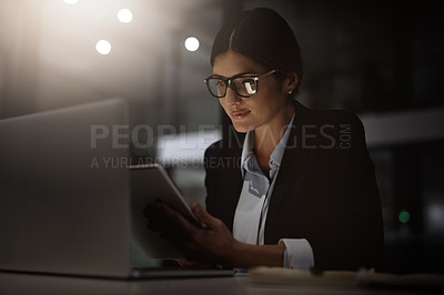 Buy stock photo Office, night and business woman with digital tablet for research, solution and idea. Online, search and focused lady office worker working late on proposal, goal and task at startup company