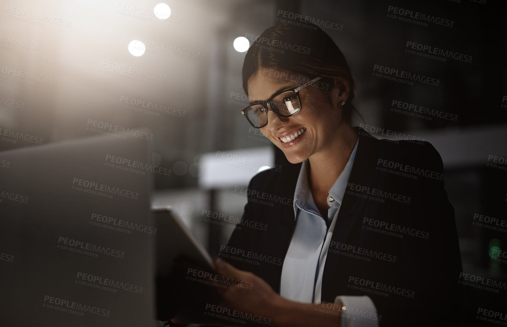 Buy stock photo Night, office and happy woman with digital tablet for research, solution and idea inspiration. Online, search and female office worker working late on proposal, goal and task at startup business