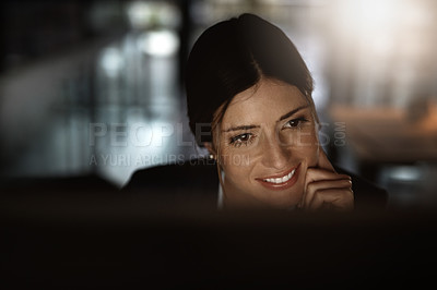 Buy stock photo Night, thinking and happy woman in office with computer for research, website review or networking. Reading, internet and businesswoman at desk with online report, article or email in dark workplace