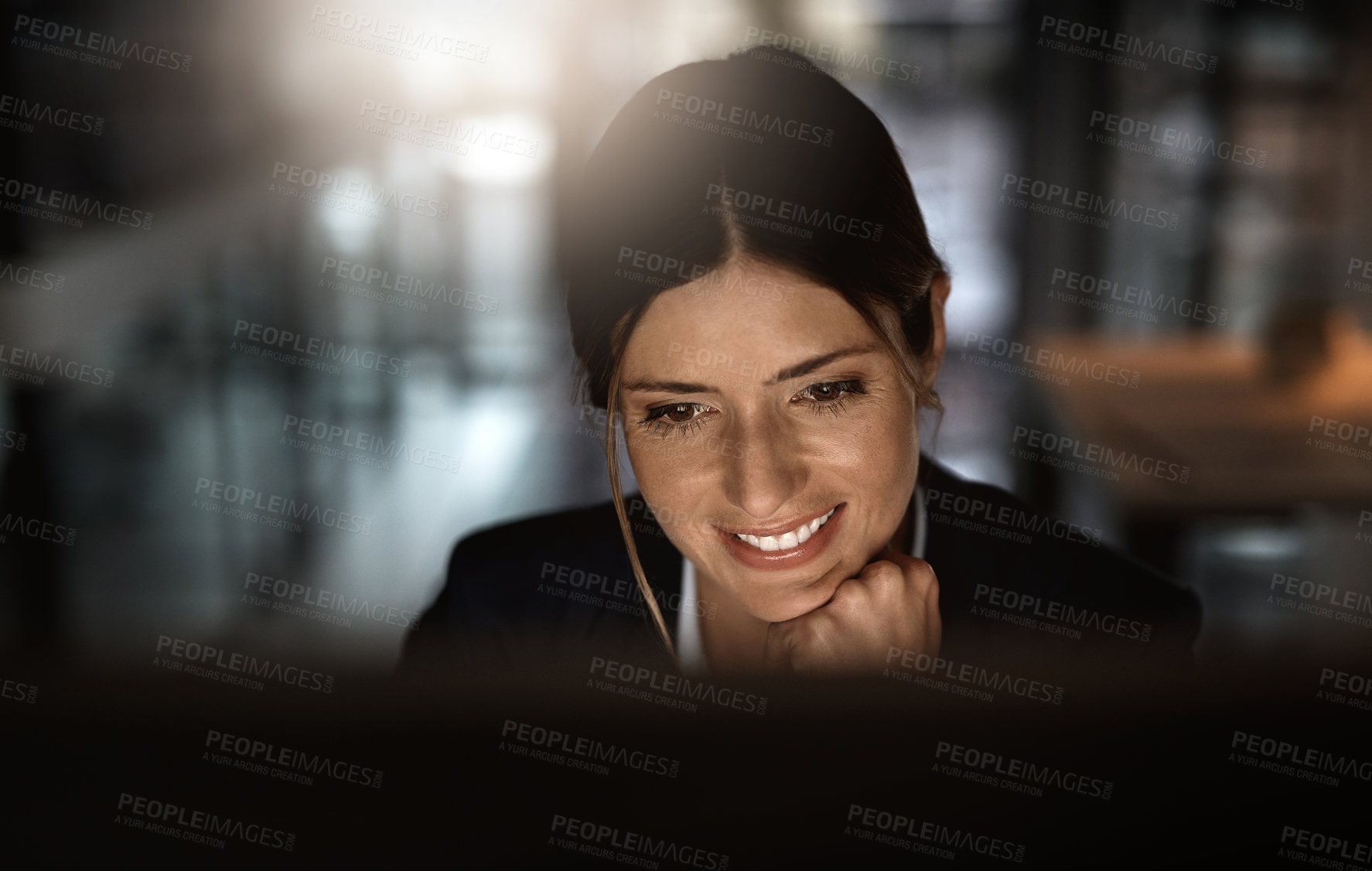 Buy stock photo Night, reading and woman in office with computer for research, website review or networking. Thinking, internet search and businesswoman at desk with online report, article or email in dark workplace