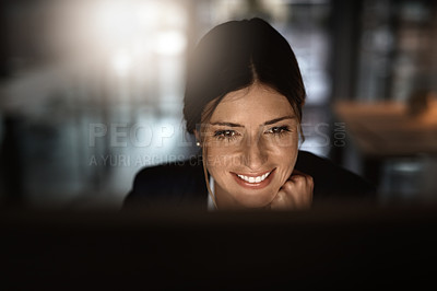 Buy stock photo Night, research and woman in office with computer for reading, website review or networking. Thinking, internet search and businesswoman at desk with online report, article or email in dark workplace