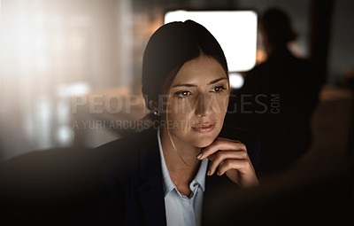 Buy stock photo Problem solving, night work and woman in office reading report, email or proposal online at start up agency. Corporate overtime, ideas and thinking, professional worker at desk working late on idea.