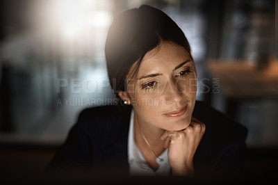 Buy stock photo Thinking, night work and woman in modern office reading email, proposal or problem solving at start up agency. Overtime, ideas and time management, corporate worker at desk working on online report.