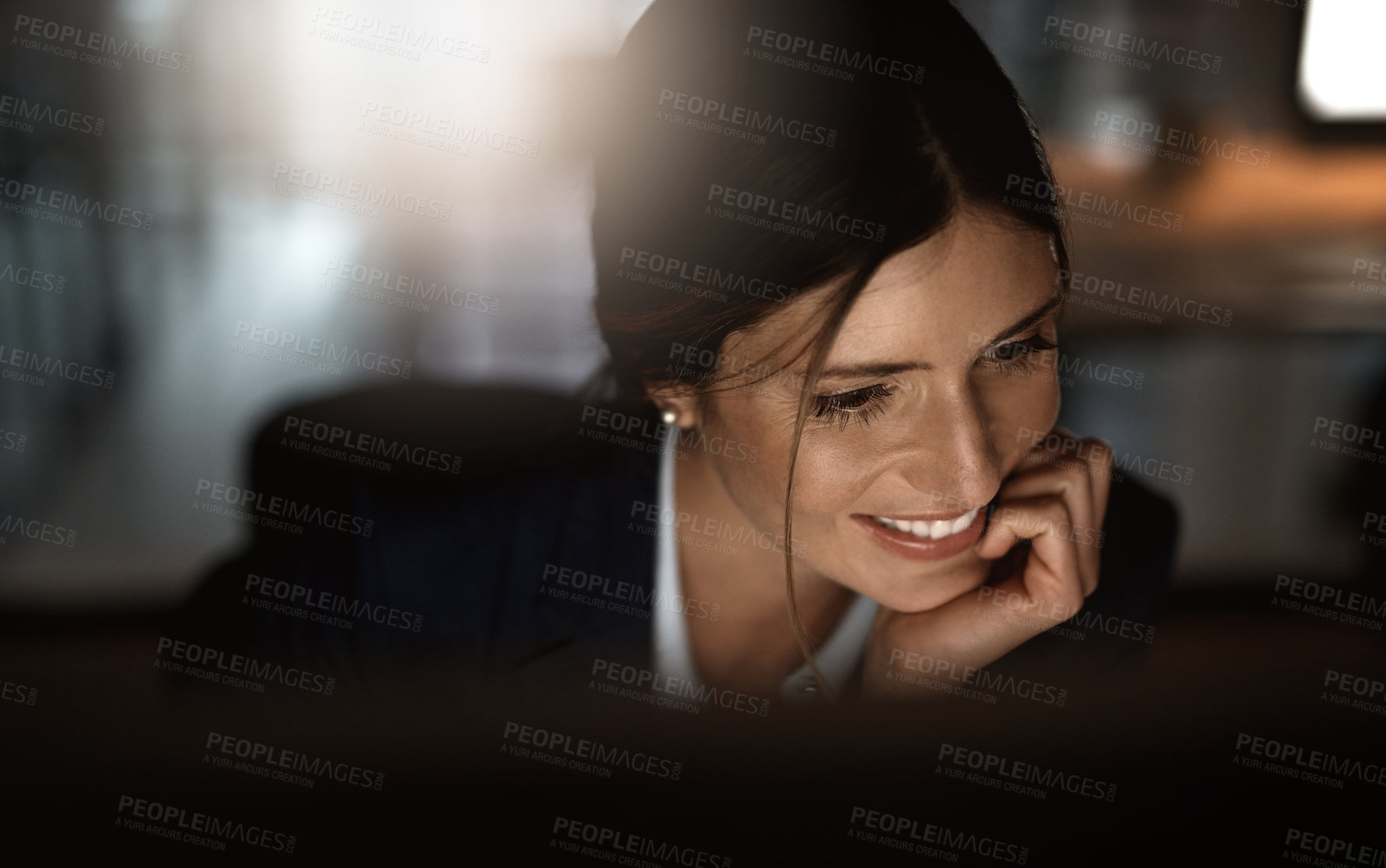 Buy stock photo Dark, thinking and woman in office with computer for research, web review or networking. Reading, internet search and businesswoman at desk with online report, article or email in workplace at night