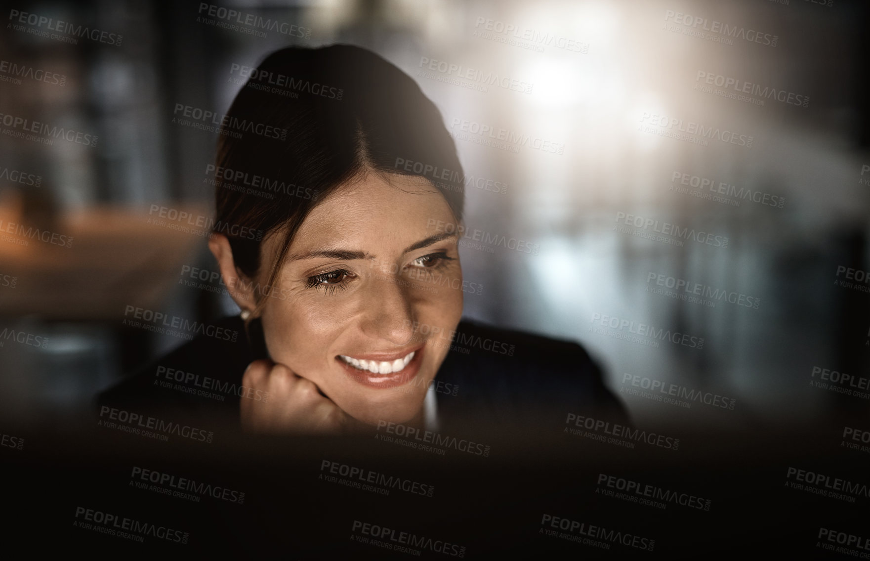 Buy stock photo Night, thinking and woman in office at desk for research, website review or networking. Reading, internet search and businesswoman at computer with online report, article or email in dark workplace