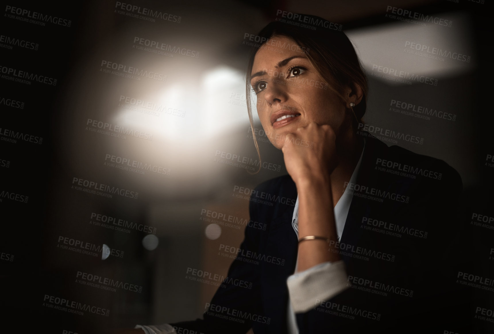 Buy stock photo Night, thinking and woman in office with ideas for research, web review or networking on computer. Reading, internet and businesswoman at desk with online report, article or email in dark workplace