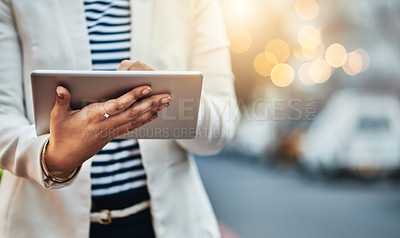 Buy stock photo Tablet, city and hands of business woman typing for networking, online website and social media. Communication, travel mockup and female person on digital tech for internet, research and contact