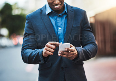 Buy stock photo Business, smartphone and hands of man in city for networking, online website and social media contact. Communication, mobile app and male person on phone for email, research and travel gps in street