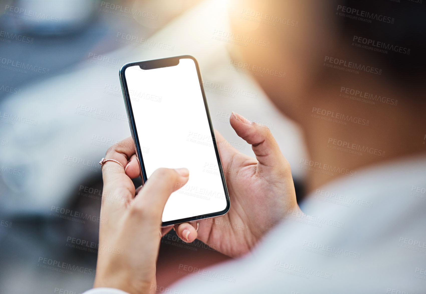 Buy stock photo Mockup screen, phone and hands of woman in city for networking, online website and social media ui. Communication, mobile app and female person on smartphone for promotion, copy space and branding