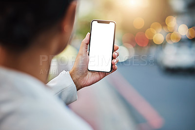 Buy stock photo Mockup, phone screen and hands of person in city for networking, online gps and social media ui. Communication, travel mobile app and man on smartphone for promotion, copy space and branding in road