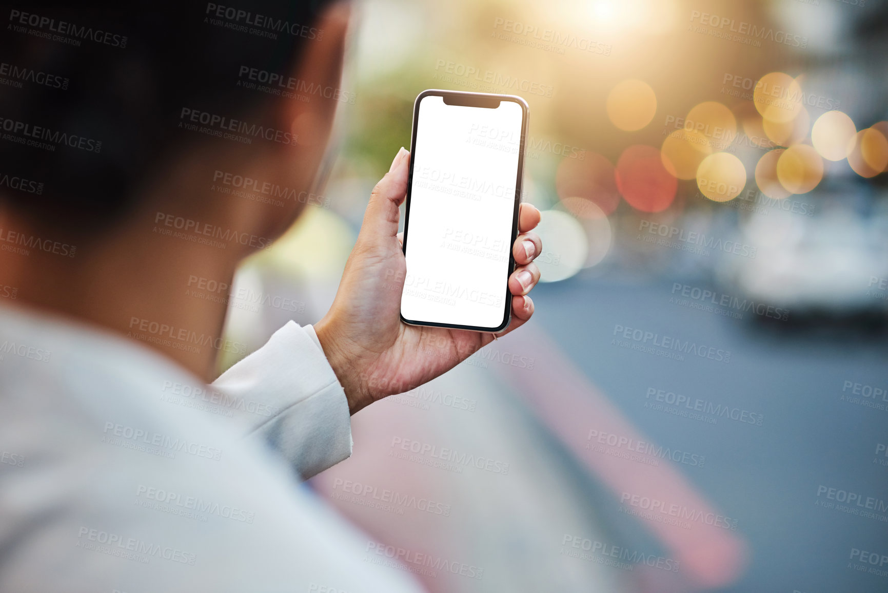 Buy stock photo Mockup, phone screen and hands of person in city for networking, online gps and social media ui. Communication, travel mobile app and man on smartphone for promotion, copy space and branding in road